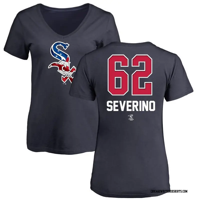 Women's Chicago White Sox ＃62 Anderson Severino Navy Name and Number Banner Wave V-Neck T-Shirt